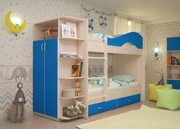 Двухэтажная кровать ТМК Мая на щитах со шкафом и ящиками, корпус Млечный дуб, фасад Синий в Перми