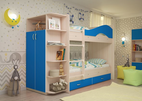 Двухэтажная кровать Мая на щитах со шкафом и ящиками, корпус Млечный дуб, фасад Синий в Перми - изображение