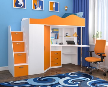 Детская кровать-шкаф Пионер-1, каркас Белое дерево, фасад Оранжевый в Березниках