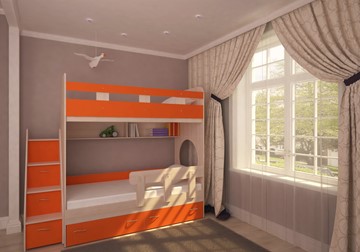 Кровать 2-ярусная Юниор-1 с бортом, каркас Дуб, фасад Оранжевый в Перми - предосмотр