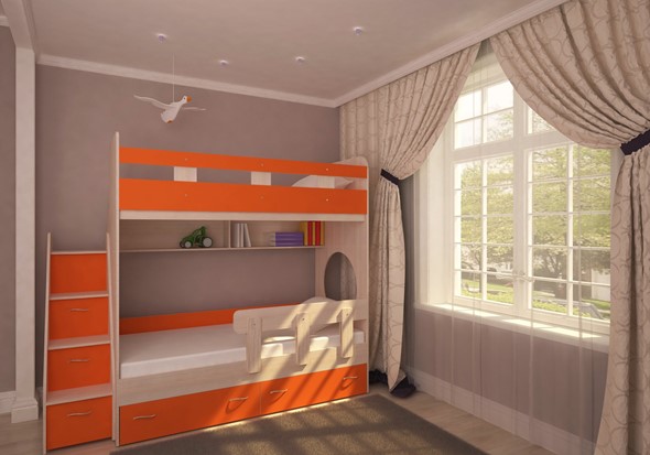 Кровать 2-ярусная Юниор-1 с бортом, каркас Дуб, фасад Оранжевый в Чайковском - изображение