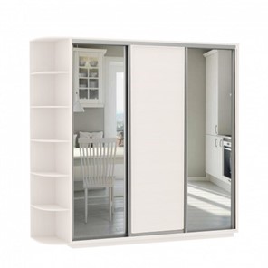 Шкаф 3-х дверный Е1 Экспресс (Зеркало/ДСП/Зеркало) со стеллажом, 2700х600х2400, белый снег в Перми