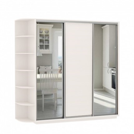 Шкаф 3-х дверный Экспресс (Зеркало/ДСП/Зеркало) со стеллажом, 2700х600х2400, белый снег в Перми - изображение