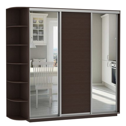 Шкаф 3-дверный Экспресс (Зеркало/ДСП/Зеркало) со стеллажом, 2400х600х2200, венге в Перми - изображение