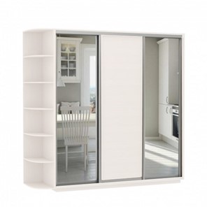 Шкаф 3-х дверный Е1 Экспресс (Зеркало/ДСП/Зеркало) со стеллажом, 2100х600х2400, белый снег в Перми