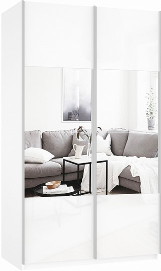 Шкаф 2-створчатый Прайм (Зеркало/Белое стекло) 1200x570x2300, белый снег в Березниках - изображение 2