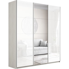 Шкаф 3-дверный Широкий Прайм (2 Стекла Белых / Зеркало) 2400x570x2300, Ясень Анкор светлый в Кунгуре