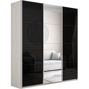 Шкаф 3-дверный Широкий Прайм (2 Стекла Черных / Зеркало) 2400x570x2300, Ясень Анкор светлый в Перми