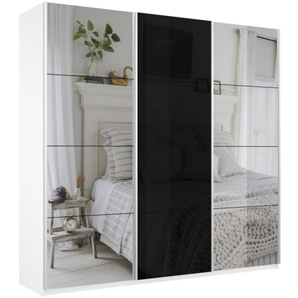 Шкаф 3-х створчатый Широкий Прайм (2 Зеркала / Стекло черное) 2400x570x2300, Белый Снег в Перми - изображение