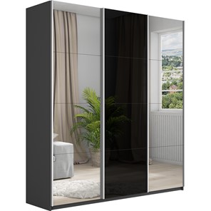 Шкаф 3-дверный Широкий Прайм (2 Зеркала / Стекло черное) 2400x570x2300, Серый диамант в Березниках