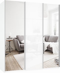 Шкаф 3-х створчатый Прайм (Зеркало/Белое стекло/Зеркало) 1800x570x2300, белый снег в Перми