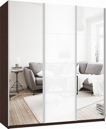 Шкаф 3-х дверный Прайм (Зеркало/Белое стекло/Зеркало) 2100x570x2300, венге в Перми - изображение