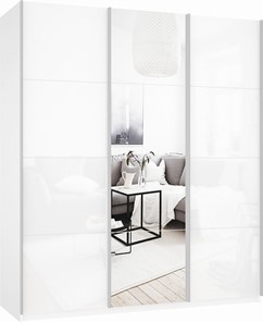 Шкаф 3-х дверный Прайм (Белое стекло/Зеркало/Белое стекло) 2100x570x2300, белый снег в Перми - предосмотр