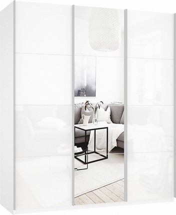 Шкаф 3-х дверный Прайм (Белое стекло/Зеркало/Белое стекло) 2100x570x2300, белый снег в Перми - изображение