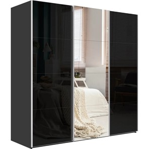 Шкаф-купе трехстворчатый Эста, стекло черное/зеркало/стекло черное, 2700x660x2400, серый диамант в Перми
