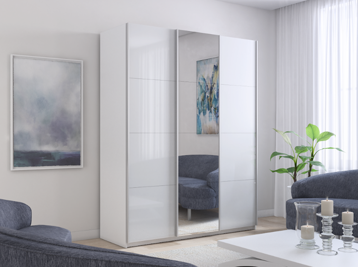 Шкаф 3-х дверный Прайм (Белое стекло/Зеркало/Белое стекло) 2100x570x2300, белый снег в Перми - изображение 2