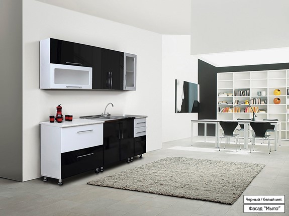 Гарнитур кухонный Мыло 224 2000х718, цвет Черный/Белый металлик в Перми - изображение