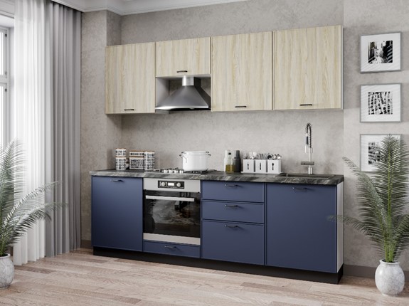 Модульный кухонный гарнитур 2400 Индиго, Белый/Дуб мадейра топаз/Тёмно-синий в Перми - изображение