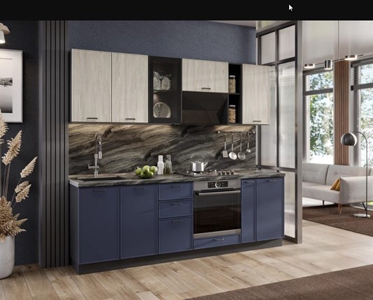 Гарнитур кухонный 2400 Индиго, Черный/Дуб мадейра топаз/Темно-синий в Перми - изображение