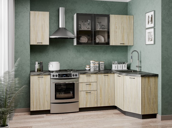 Модульный кухонный гарнитур угловой 2400 Индиго, Белый/Дуб мадейра топаз в Перми - изображение