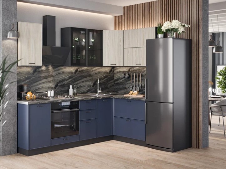 Модульная угловая кухня 2400 Индиго, Черный/Дуб мадейра топаз/Темно-синий в Перми - изображение