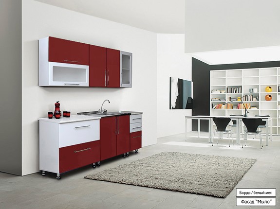 Кухонный гарнитур Мыло 224 2000х918, цвет Бордо/Белый металлик в Перми - изображение