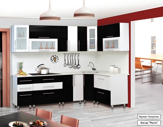 Кухонный угловой гарнитур Мыло 224 2600х1600, цвет Черный/Белый металлик в Перми - изображение