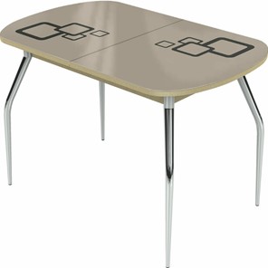 Обеденный раздвижной стол Ривьера мини хром №5, Рисунок квадро (стекло молочное/коричневый/дуб выбеленный) в Перми - предосмотр