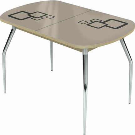 Обеденный раздвижной стол Ривьера мини хром №5, Рисунок квадро (стекло молочное/коричневый/дуб выбеленный) в Перми - изображение