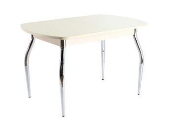 Кухонный обеденный стол ПГ-08 СТ1, дуб молочный/песочное стекло/35 хром гнутые металл в Перми