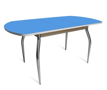 Обеденный раздвижной стол ПГ-07 СТ2, дуб молочный/синие стекло/35 хром гнутые металл в Чайковском