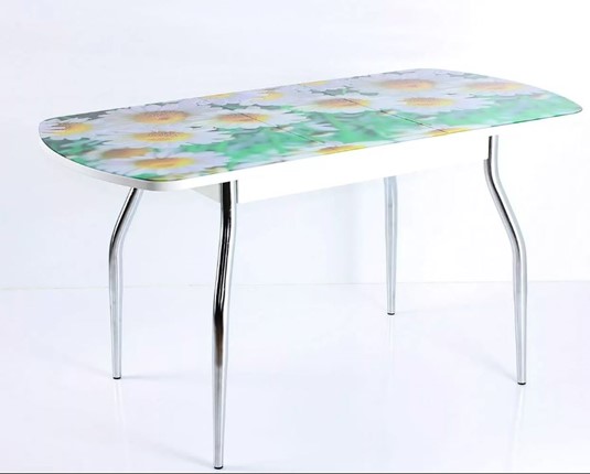 Кухонный раскладной стол ПГ-07 СТФ, белое ЛДСП/ромашки/35 хром гнутые в Перми - изображение