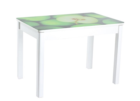 Кухонный раздвижной стол Айсберг мини СТФ, белое лдсп/зеленые яблоки/40 прямые массив белые в Перми - изображение