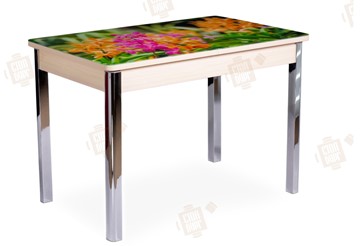 Кухонный раздвижной стол Айсберг-02 СТФ, Дуб ЛДСП/полевые цветы/ноги хром квадратные в Перми