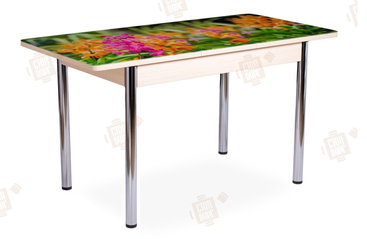 Кухонный раскладной стол Айсберг-02 СТФ, Дуб ЛДСП/полевые цветы/ноги хром прямые в Перми - изображение 2