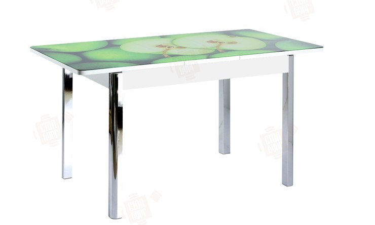 Кухонный раскладной стол Айсберг-02 СТФ, белое лдсп/зеленые яблоки/ноги хром квадратные в Перми - изображение 3