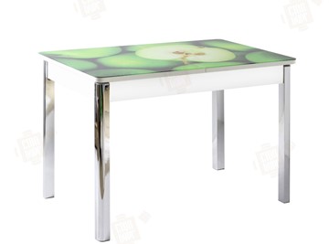Кухонный раскладной стол Айсберг-02 СТФ, белое лдсп/зеленые яблоки/ноги хром квадратные в Перми - предосмотр