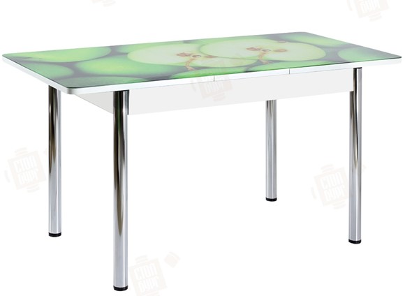 Раздвижной стол Айсберг-02 СТФ, белое лдсп/зеленые яблоки/ноги хром прямые в Перми - изображение