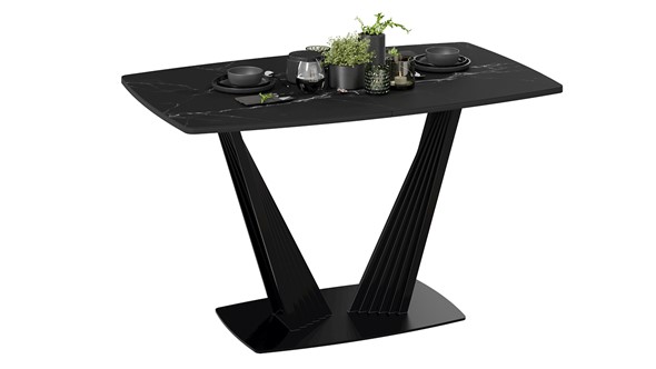 Обеденный раздвижной стол Фабио тип 1 (Черный муар, Стекло матовое черный мрамор) в Перми - изображение