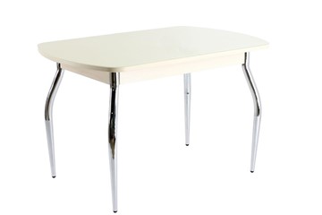 Кухонный стол ПГ-05 СТ1, дуб молочный/песочное стекло/35 хром гнутые металл в Березниках