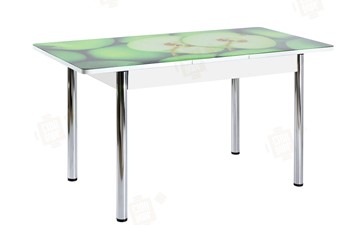 Раздвижной стол Айсберг-01 СТФ, белый/фотопечать зеленые яблоки/ноги хром круглые в Кунгуре