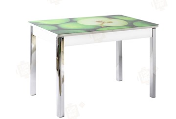Раздвижной стол Айсберг-01 СТФ, белый/фотопечать зеленые яблоки/ноги хром квадратные в Перми