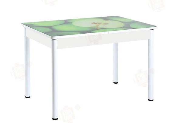 Кухонный раскладной стол Айсберг-01 СТФ, белый/фотопечать зеленые яблоки/ноги крашеные в Перми - изображение