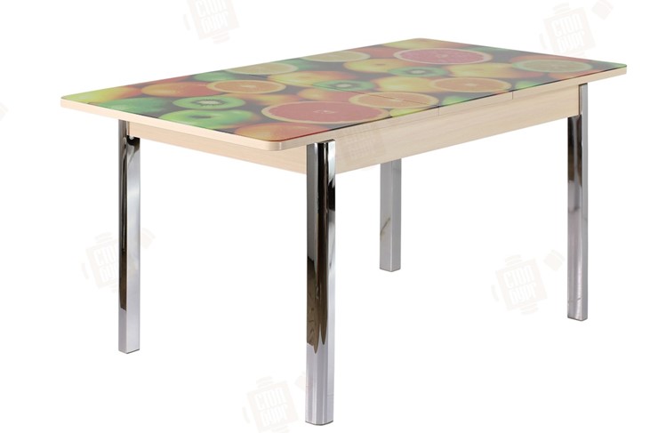 Кухонный стол раздвижной Айсберг-01 СТФ, дуб/фотопечать фрукты/ноги хром квадратные в Перми - изображение 1