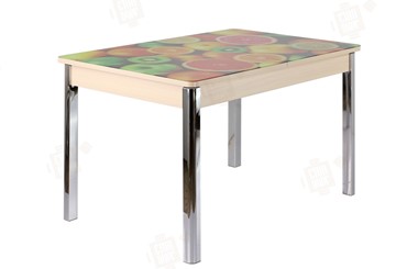 Кухонный стол раздвижной Айсберг-01 СТФ, дуб/фотопечать фрукты/ноги хром квадратные в Березниках