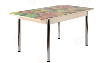Кухонный стол раскладной Айсберг-01 СТФ, дуб/фотопечать фрукты/ноги хром прямые круглые в Кунгуре