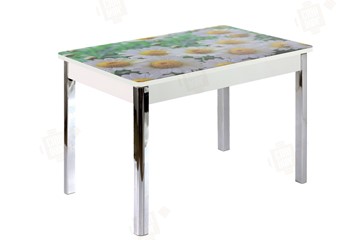 Кухонный стол раздвижной Айсберг-01 СТФ, дуб/фотопечать ромашки/ноги хром квадратные в Перми