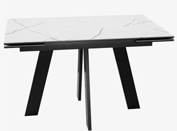 Стеклянный обеденный стол раздвижной DikLine SFM120 Стекло Белый мрамор САТИН/подстолье черное/опоры черные в Березниках