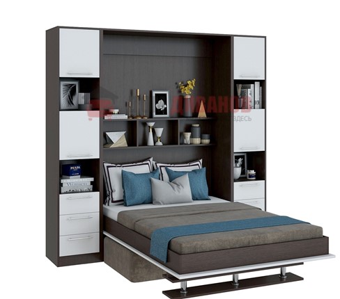 Кровать-шкаф с диваном Бела 1, с полкой ножкой, 1600х2000, венге/белый в Перми - изображение