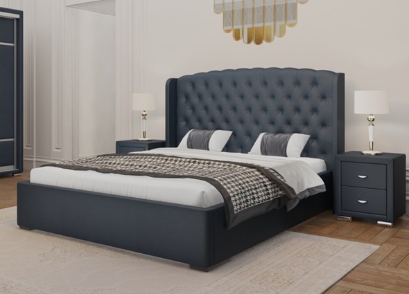 Кровать спальная Dario Classic Lite 140x200, Экокожа (Темно-синий) в Перми - изображение
